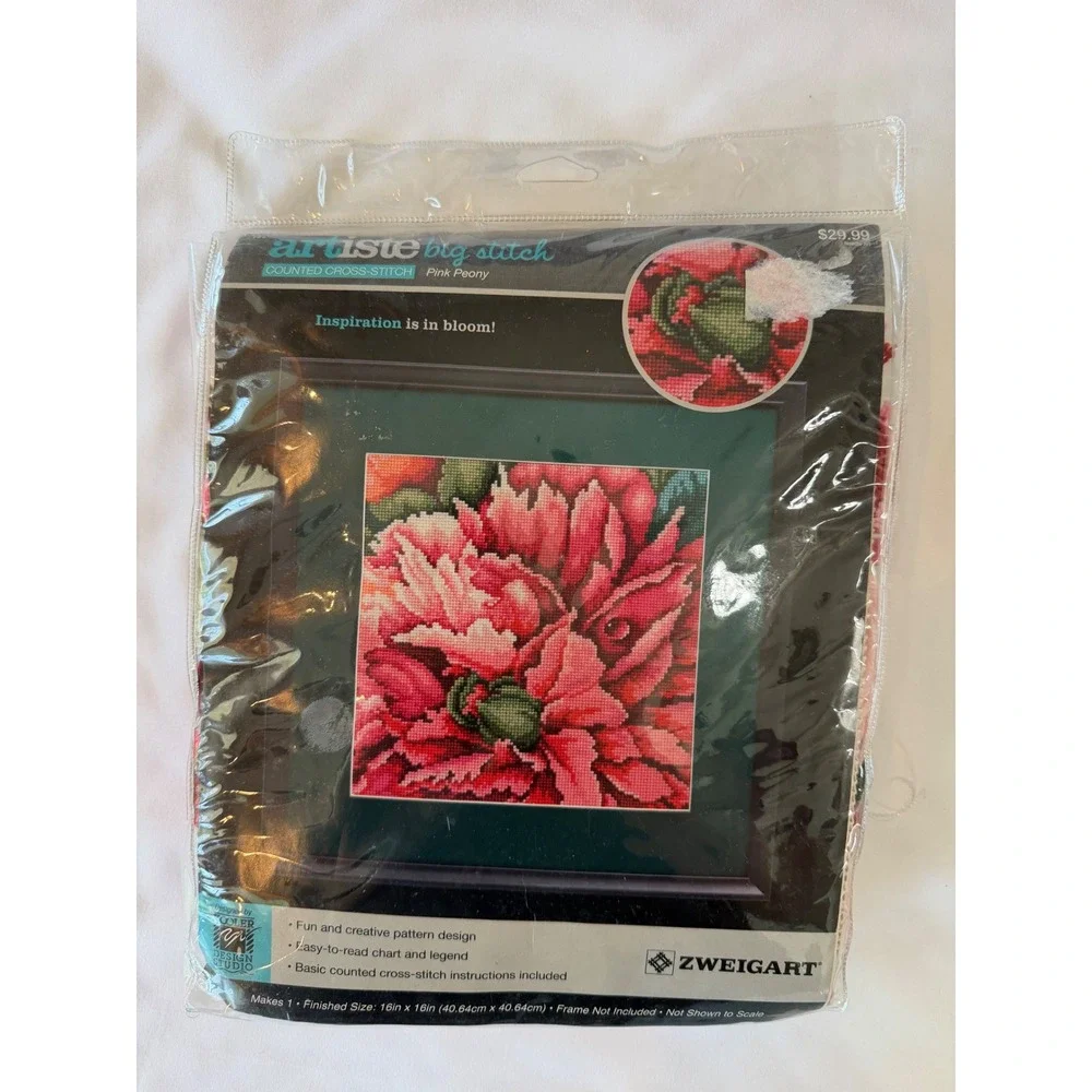Counted Cross-Stitch Kit Pink Peony Floral Artiste Big Stitch 16x16 Zweigart DIY